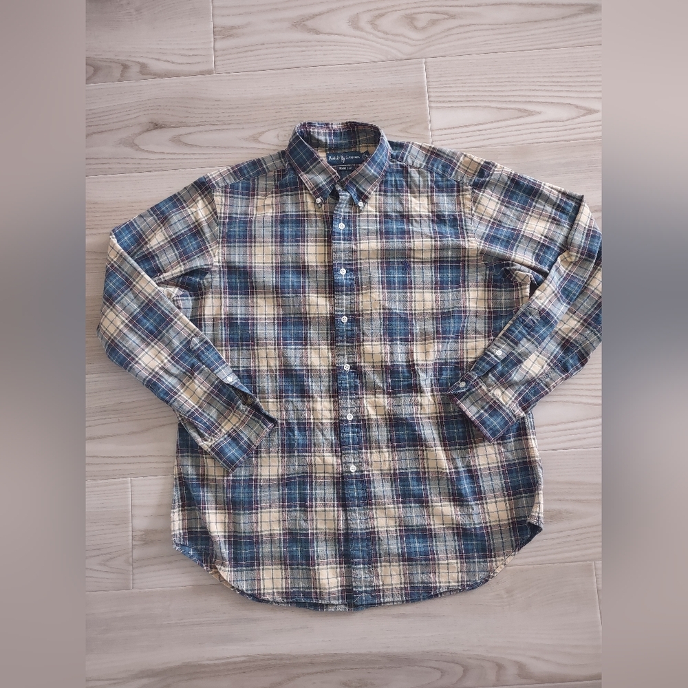 Ralph Lauren Plaid Shirt Mens XL Button Down Blue Yellow Vintage Cotton Checked